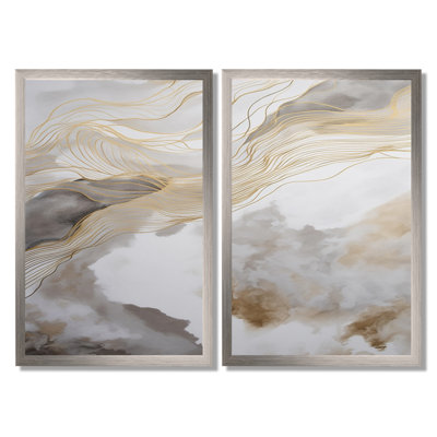 «Gold and Gray Abstracted Line Artistry - Abstract Line Art Wall Art, Gold Abstract, reproduction sur toile 2 pièces