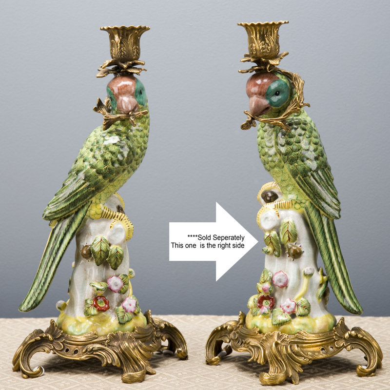 Porcelain Green Parrot Figurine Candle Holder With Bronze Ormolu Right Side