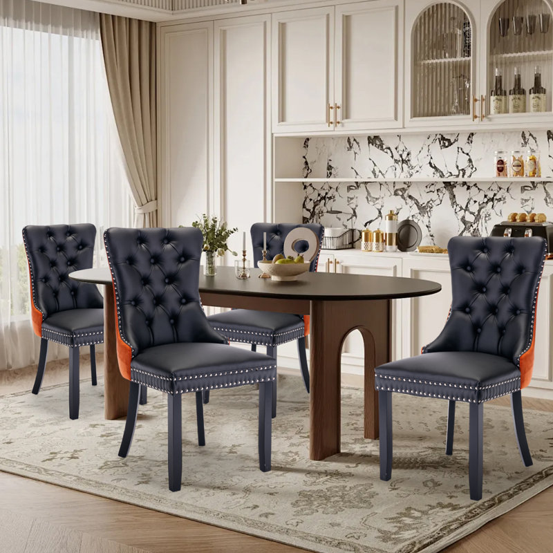 Ensemble de 4 chaises de salle à manger rembourrées en cuir et tissu noir / orange, Noir / Orange, Noir, noir, noir, noir