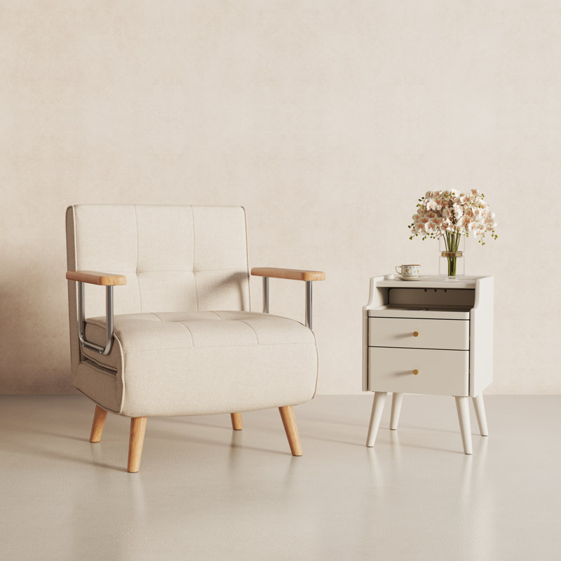 Narrow Solid Wood Nightstand with 2 Drawers, White, 15.74"W