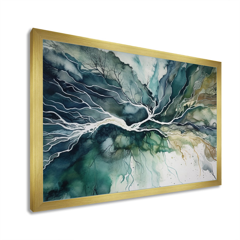 «Green Blue Marbré Dreamscape II», art mural géométrique abstrait, Cadre doré simple, H 34 po x l 44 po x P 1,5 po