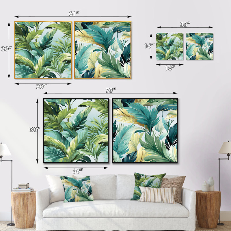 Raqueta - Ensemble de 2 collages carrés tropicaux, Cadre flottant blanc, H 30 po x l 61 po