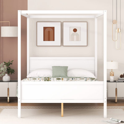 Queen Size Canopy Platform Bed with Headboard and Footboard,Slat Support Leg - White
