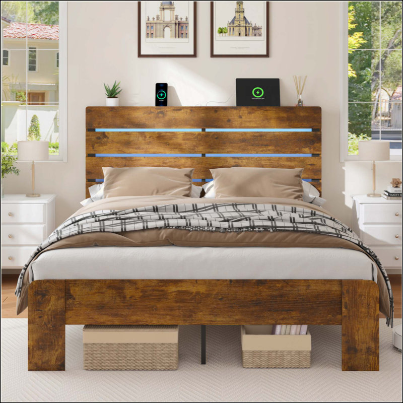 Cadre de lit avec tête et pied de lit, avec rangement sous le lit, lumières DEL, station de charge, système de support en métal d'une capacité de 1 200 lb, aucun sommier nécessaire, assemblage facile