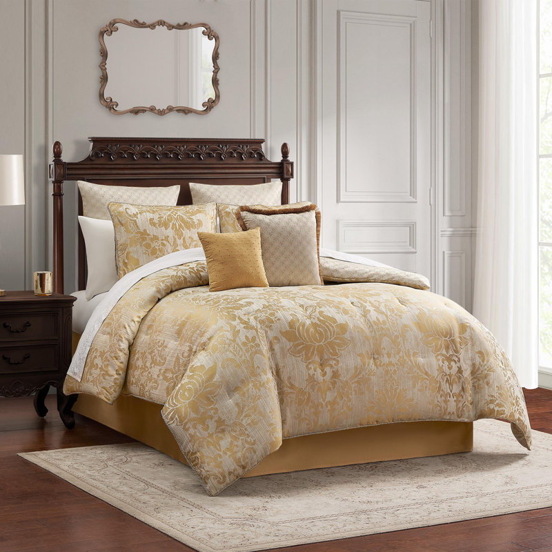 Ivory and Gold Reversible Queen Bedspread Set