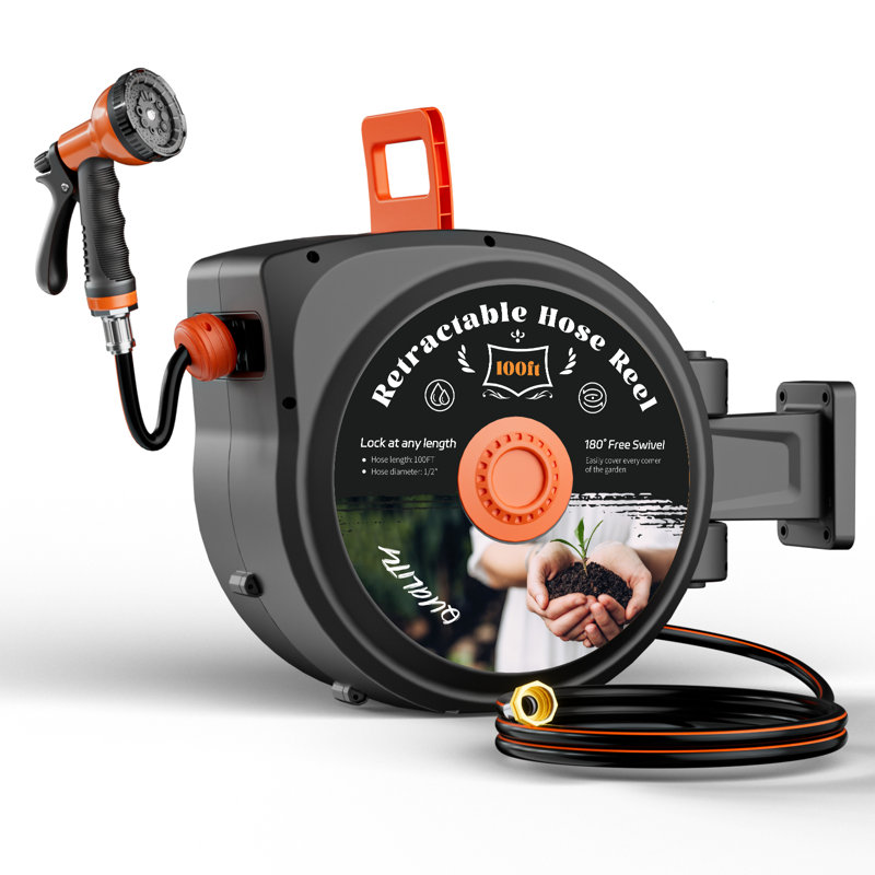 Wall Mounted Retractable  1/2 in. dia x 130 ft.Garden Hose Reel with 10 Sprayers & 180° Swivel Bracket