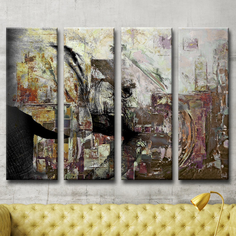 « éléphant ii », ensemble de 4 reproductions encadrées sur toile brun/gris