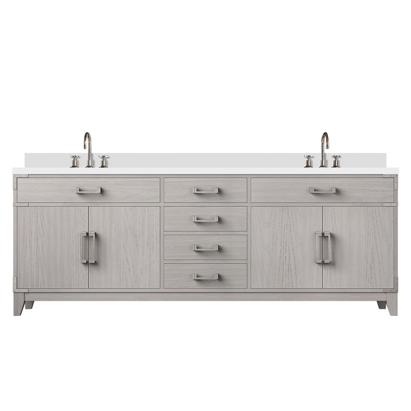 Meuble-lavabo double en chêne blanc 84 po X P 22 po D, dessus en quartz blanc et ensemble de robinet