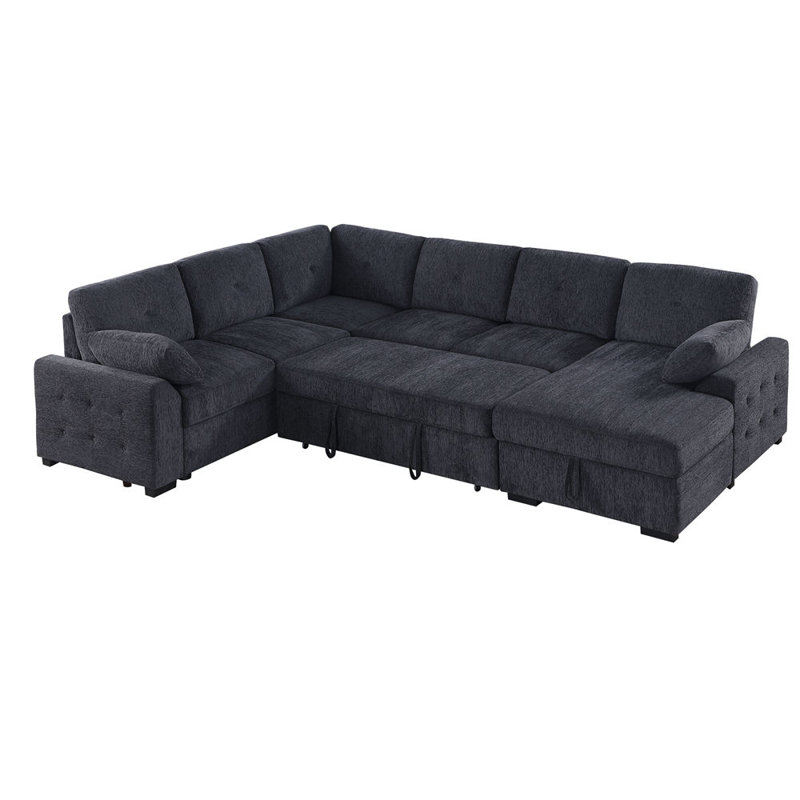 Canapé d'angle multi-fonctionnel en forme de L avec rangement et lit convertible, Gris foncé
