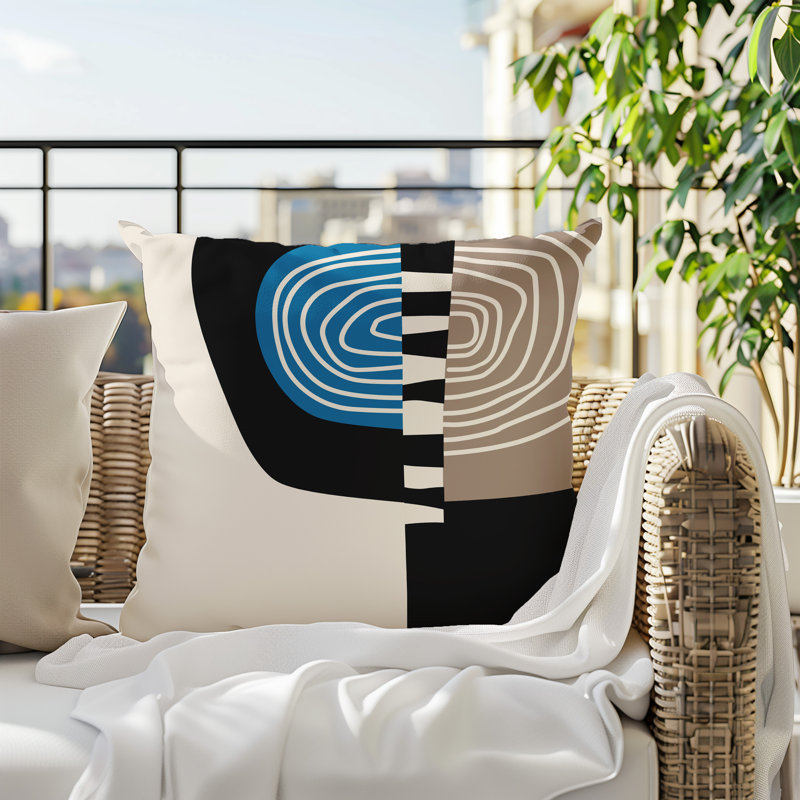 Coussin Marti, H 15 po x l 15 po, Turquoise / noir / blanc cassé abstrait