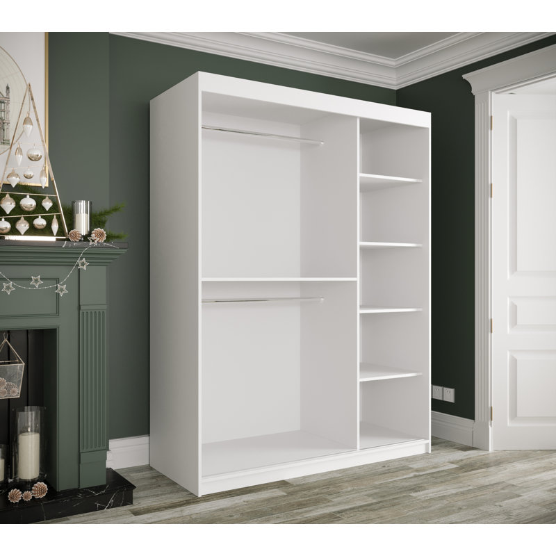 Blerata 2 Door Manufactured Wood Wardrobe, 200cm H x 150cm W x 62cm D, White Matt/White Matble