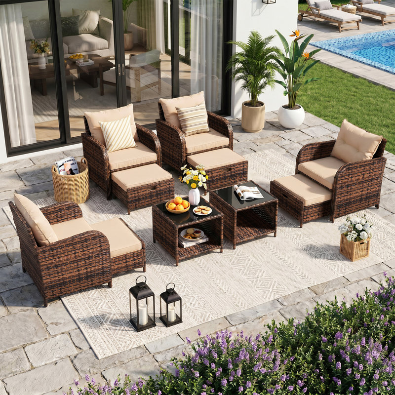 4-person Outdoor Wicker Patio Conversation Set, Modular Sectional Seating Group With Ottomans And Tempered Glass Coffee Table, Weather-resistant All-weather Furniture Set For Backyard Deck Poolside