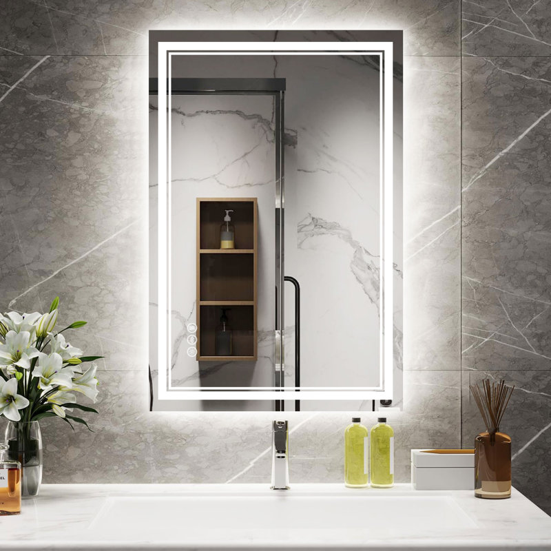 Anti-fog Tempered Glass LED Bathroom Mirror, 3 Color Temperature with Front and Backlight, Rohs and CRU Compliant, Rectangle
