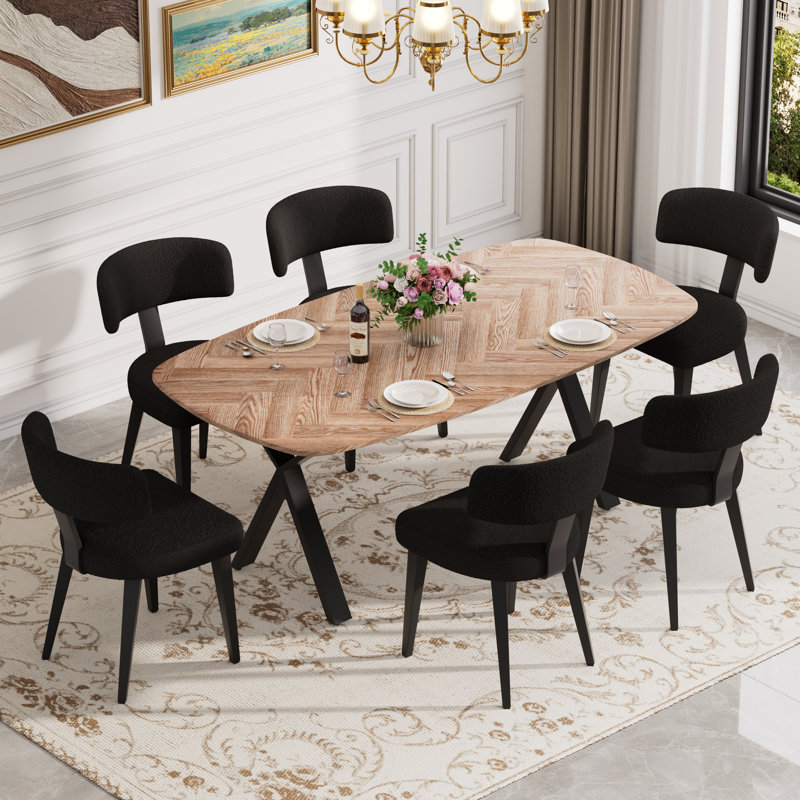 71in Rectangle MDF Pedestal Dining Set, 7 Pieces: Table, 6 Chairs
