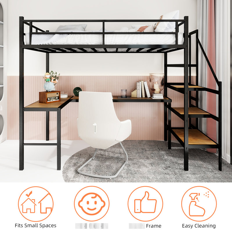 Lit mezzanine simple en fer noir avec embout, balustrade à 360 °, bureau en forme de L et tiroirs de rangement pour le décor de la chambre à coucher