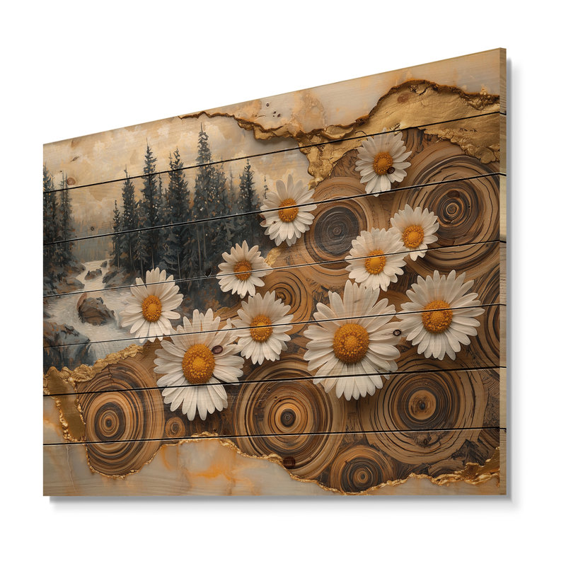 «Daisies Flowers Forest Wooden Landscape I» - Décoration murale marguerites sur bois de pin naturel