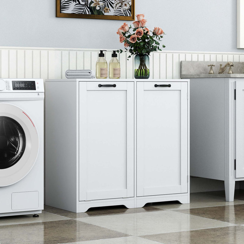 Armoire à linge avec portes et tablette, panier à linge inclinable