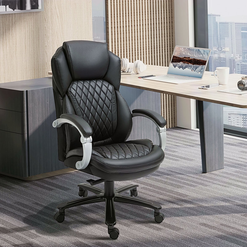Grand et grand fauteuil de bureau de direction avec siège large, chaise de bureau d'ordinateur avec coutures en losange à dossier haut, hauteur réglable et roues pivotantes