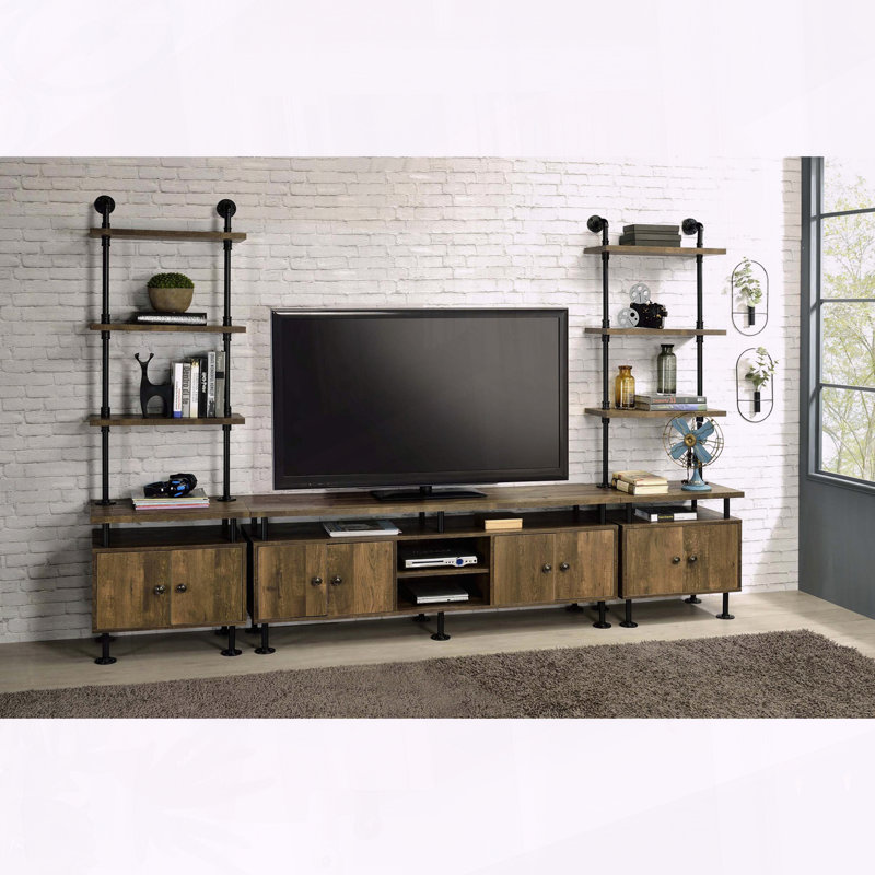 Meuble télé rustique en chêne et noir à 2 tablettes avec structure en forme de tuyau d'eau