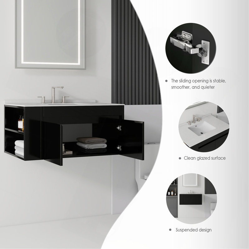 Meuble-lavabo suspendu de 91 cm (36 po) avec lavabo, porte à fermeture douce, comptoir et dosseret en marbre reconstitué granité de 5 cm (2 po), contreplaqué
