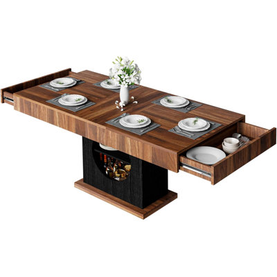 Dining Table for 6, 55 Inch Wood Farmhouse Kitchen Table with 2-Tier Storage Shelf and 2 Drawers, Rectangular Modern Dining Room Dinner Table for Apartment Home Small Space, Black Wood