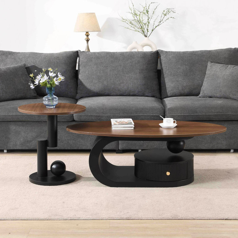Ensemble de 2 tables basses gigognes de luxe, tables avec rangement pour le salon, ensemble de tables ovales et rondes, table centrale, table basse, table d'appoint, grande taille de 47,24 po, petite de 19,69 po
