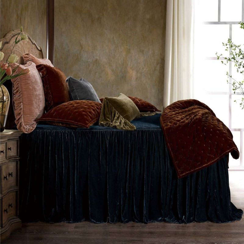 Stella Faux Silk Velvet Romantic Western Ruffle Skirt Bedspread Set, King Bedspread + 2 King Shams, Midnight Blue