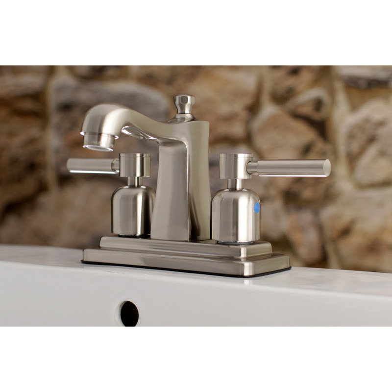 Kingston Brass Concord Two-Handle 3-Hole Deck Mount 4" Centerset Bathroom Faucet with Plastic Pop-Up, Brushed Nickel