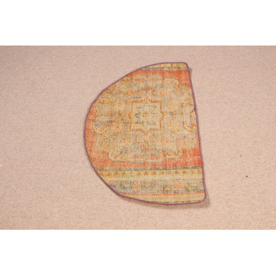Vintage Turkish Half Circle Door Mat With Floral Design In Orange And Beige For Entryway
