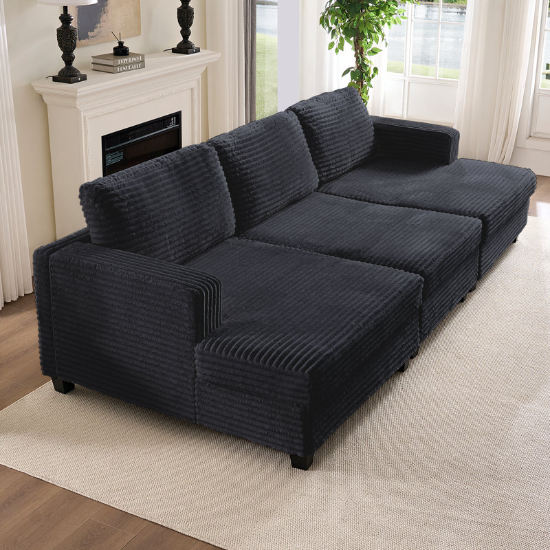 120" Modular Corduroy Sectional – Removable Cushion Covers & Lumbar Support, Gray