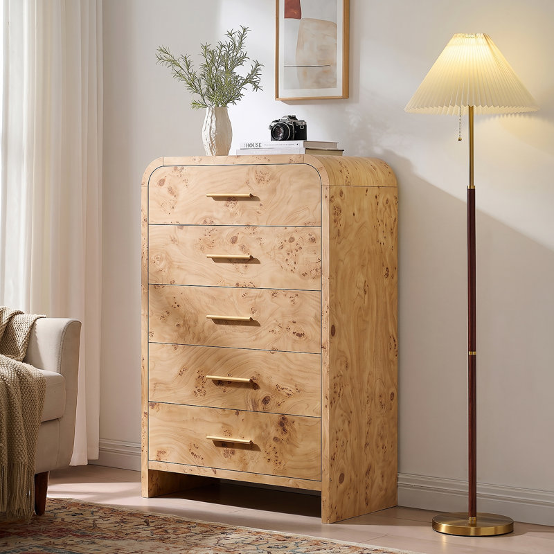 Commode 5 tiroirs H 46 po - Commode étroite en bois pour chambre à coucher, vestibule, couloir, Light Burl