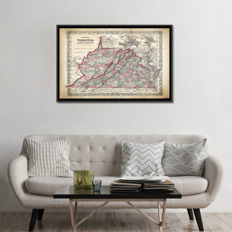 «West Virginia Map», impression sur toile, H 18 po x l 26 po x P 1,5 po, Pas de tapis, Toile avec cadre noir