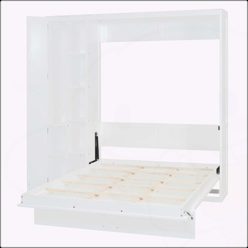 Lit escamotable double pleine grandeur avec tablettes, Blanc