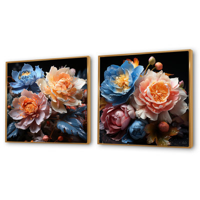 Peach And Blue Peonies Bouquet Still Life - Peonies Square Collage Set Of 2