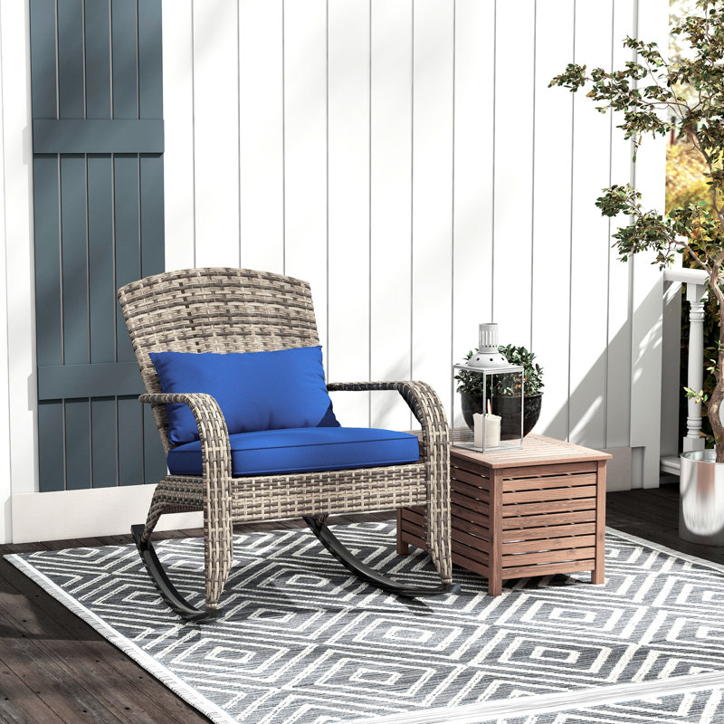 Dark Blue Porch Rocker Chair, Style With Seat And Pillow, High Back For Garden, Patio, Balcony Outdoor Rocking Comfortable Cushion Porch,