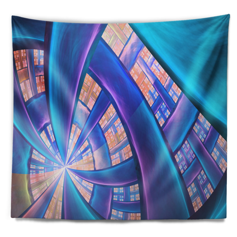 Tapisserie abstraite bleu jaune fractal en verre coloré, H 50 po x l 60 po