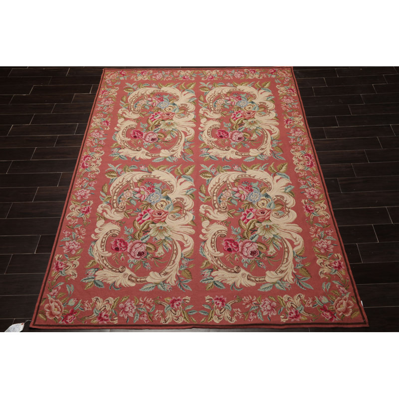 Tapis traditionnel rose en laine tissé à la main 6 pi 9 po x 9 po