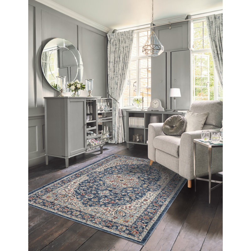 Navy and Cream Rectangular Chenille Medallion Area Rug