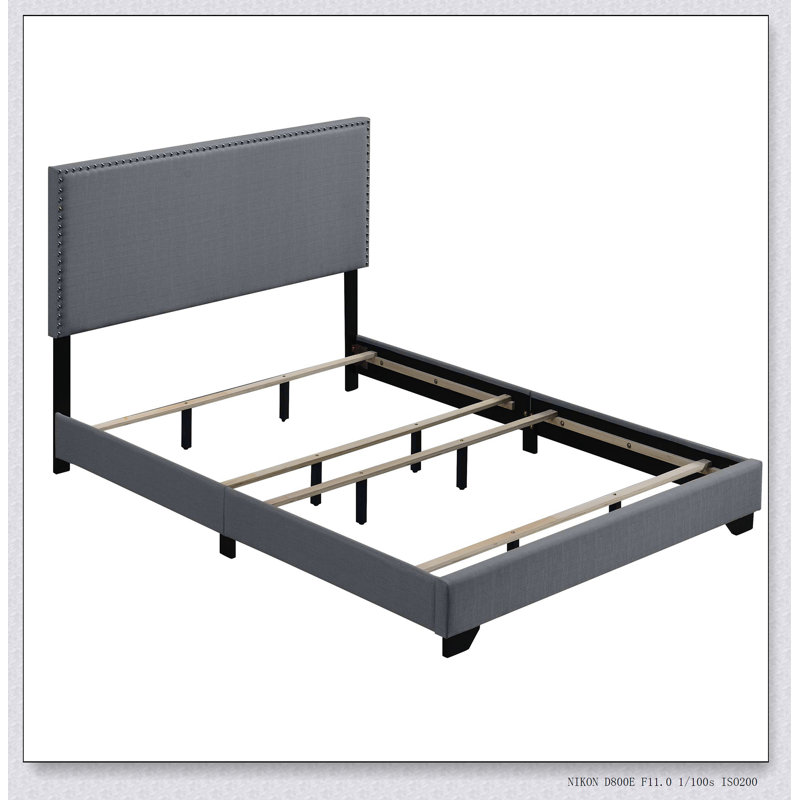 Light Grey Panel Bed with Nailhead Trim
