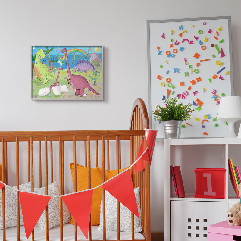 Illustration de dinosaures heureux jouant par arc-en-ciel, Estampe numérique Farmhouse, H 16 po x l 20 po x P 1,5 po