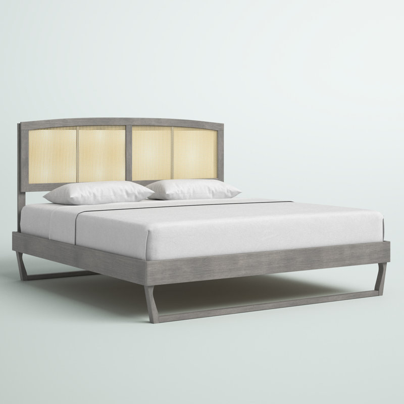 Sierra Cane and Wood Platform Bed with Angular Legs, Gray, King