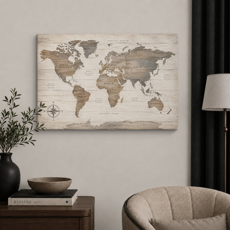 Illustration de carte du monde rustique, photos de bureau, impression sur toile encadrée, 24" H x 36" W x 1.5" D