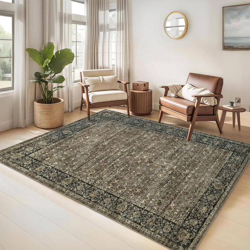 Floral Kitchen Rug – Washable, Non-Slip, Low Pile, Distressed Print for Hallway, Bathroom, Laundry (Beige)