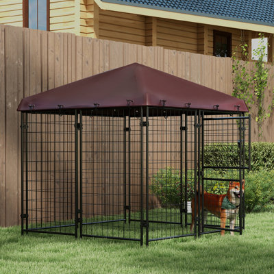 Niche d'extérieur pour petit chien de 1,40 m x 1,50 m avec housse imperméable, en acier robuste, deux portes, couleur marron, imperméable et résistante.