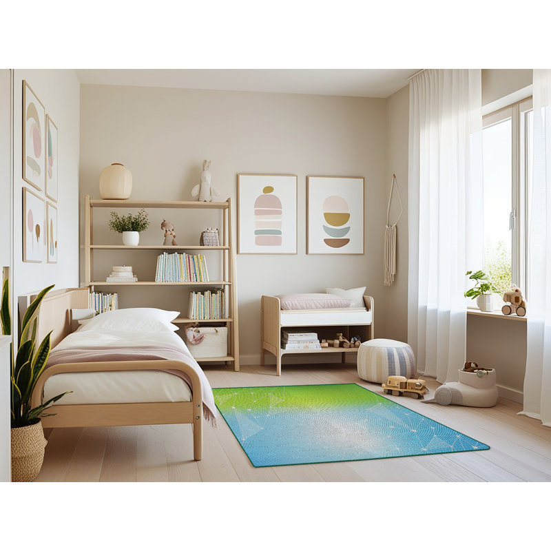 Tapis bleu/vert à motifs, Rectangle 3 pi x 5 pi