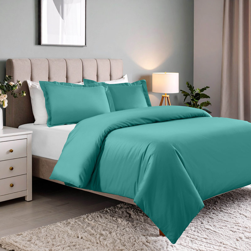 Aniello Cotton Blend 600 Thread Count Solid Duvet Cover Set, Full/Queen Duvet Cover + 2 Standard Shams, Teal