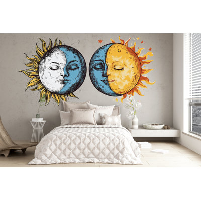 Sun Moon Wall Decal Set, Celestial Wall Sticker, Boho Bedroom Wall Art, Astrology Decor, Mystic Sun Moon Mural, Lunar Solar Decor, 181Gm