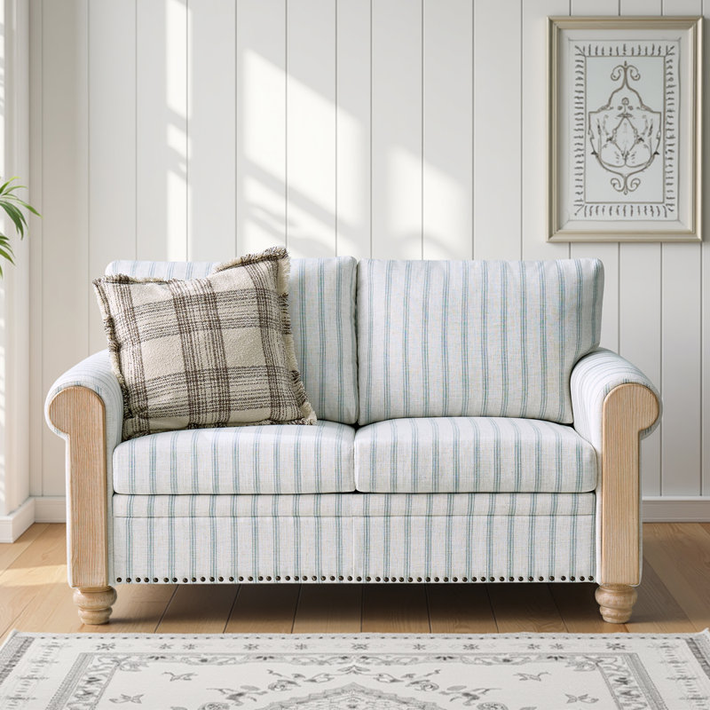 Terren 59" Farmhouse Linen Fabric Loveseat with Rolled Arm and Solid Wood Spindle Legs, Blue