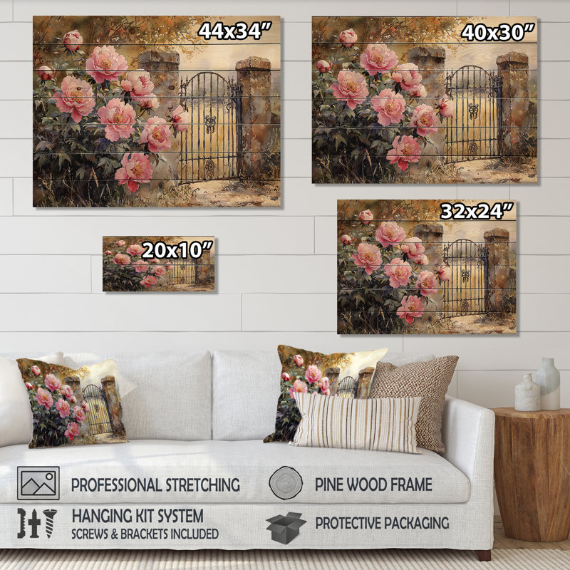 Pivoines par la porte de la ferme II - Décoration murale en bois de pivoines - sur bois de pin naturel, H 34 po x l 44 po