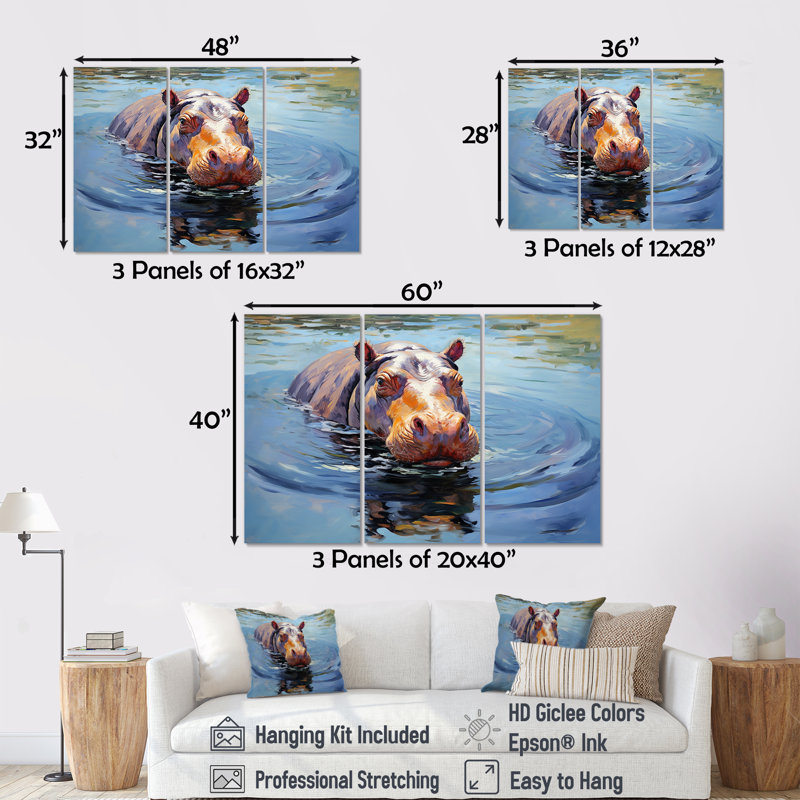 «Curious Water Hippo - Hippopotamus», art mural, Toile tendue, H 32 po x l 48 po